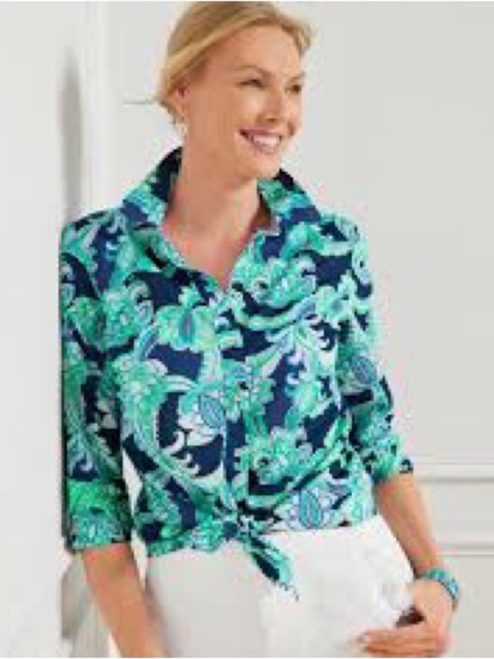 Talbots Navy and Teal Paisley Tie-Front Button-Down